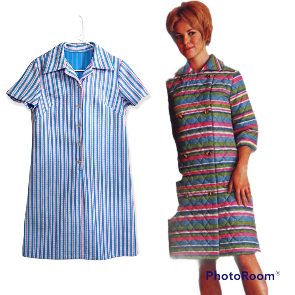 Vintage Mod 60s 70s Style Sheath Blue Pink White Dress Stripped Quilted